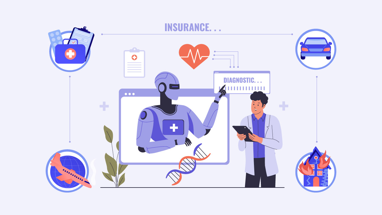 Ilustração de inteligência artificial no setor de seguros e saúde, com robô médico auxiliando em diagnósticos ao lado de um profissional humano.