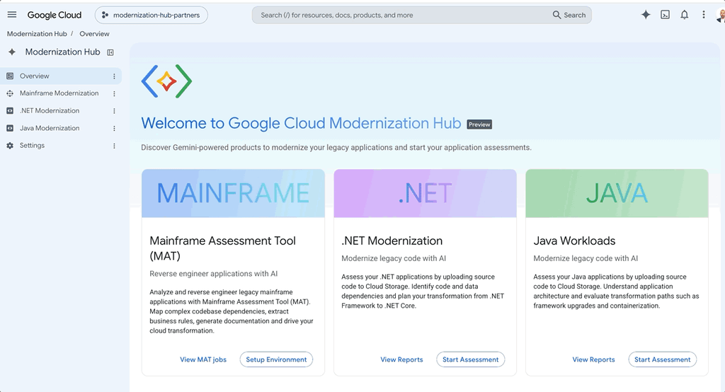Interface do Modernization Hub no console do Google Cloud para análise e modernização de aplicações.